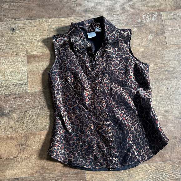 Women's Studio C Leopard Print Sleeveless Button Down Shirt S Brown Black - Picture 2 of 13